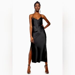 NWT Topshop Elegant Black Satin Slip Midi Maxi Dress Womens Size 4